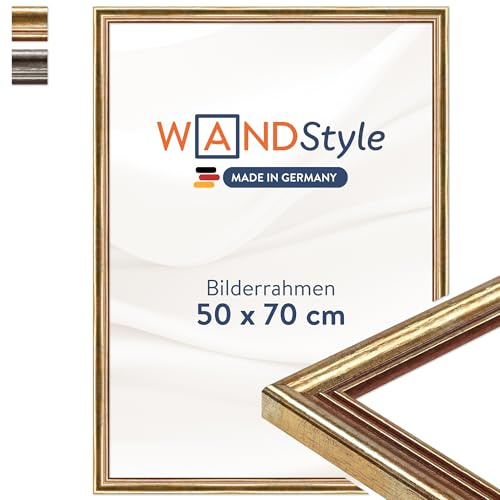 WANDStyle goldener Bilderrahmen 50x70 Holz, Bilderrahmen Gold Vintage | Hochwertiger Holzbilderrahmen Antik, Posterrahmen zum Aufhängen, Rahmen 70x50 cm, Fotorahmen H400 Made in Germany