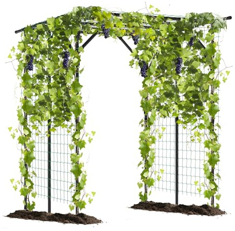 TANGZON 2M Garden Trellis, Outdoor Plants Climbing Arch Trellis with Netting, Rustproof Metal Grape Vine Support Stand for Vegetables Flowers Fruits