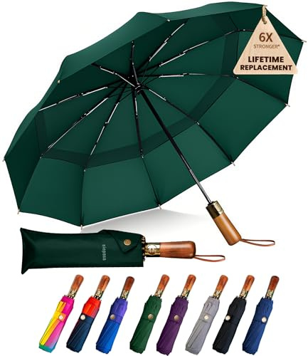 SIEPASA Winddichter Golf-Regenschirm, automatisches Öffnen/Schließen, Echtholzgriff, großer faltbarer Reise-Regenschirm für Wind, Regen und Sonnenschutz, Grün, 137,2 cm