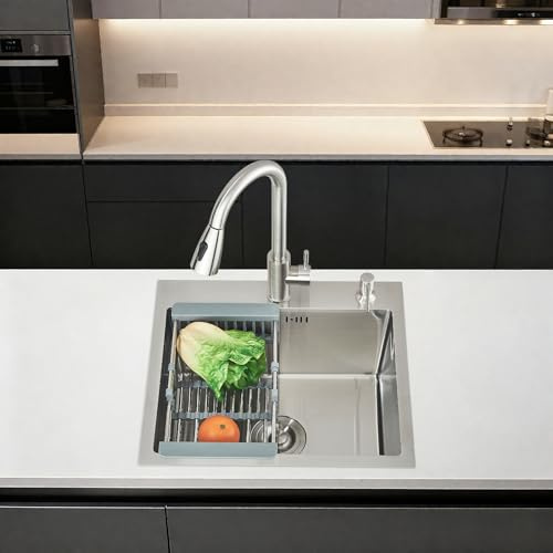 Évier Cuisine Moderne JUNSOTTOR 50 * 45 cm - 1 Bac Multifonction Inox avec Egouttoir, Drainage Composé, Robinet Intelligent et Accessoires