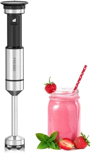 FRESKO Stabmixer 1000W, Pürierstab mit stufenloser Geschwindigkeitsregelung, 4 Edelstahlklingen, Spritzschutz, für Suppen, Smoothies und Babynahrung, Schwarz