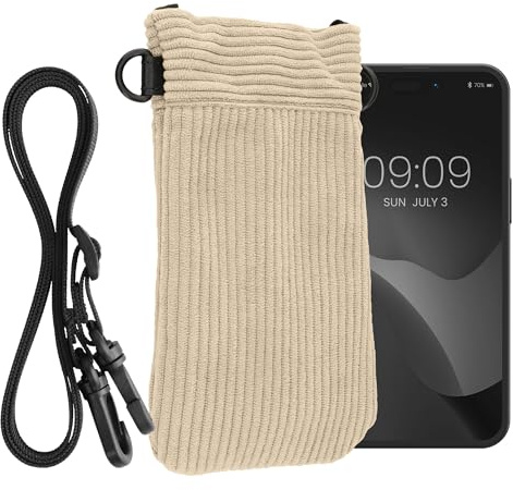 kwmobile Universal Smartphone Sleeve with Necklace - Magnetic Closure - Soft Inner Microfibre Mobile Phone Pouch - Cell Phone Strap for Neck - Cream