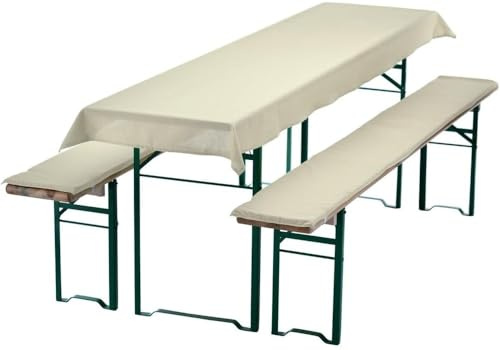 Waidmeister Bierbankauflagen Set 3 teilig - Auflagen für Bierzeltgarnitur - 1 Tischdecke 240x90 cm für Biertisch & 2 Bankauflagen gepolstert 220x25 - Farbe: Ecru