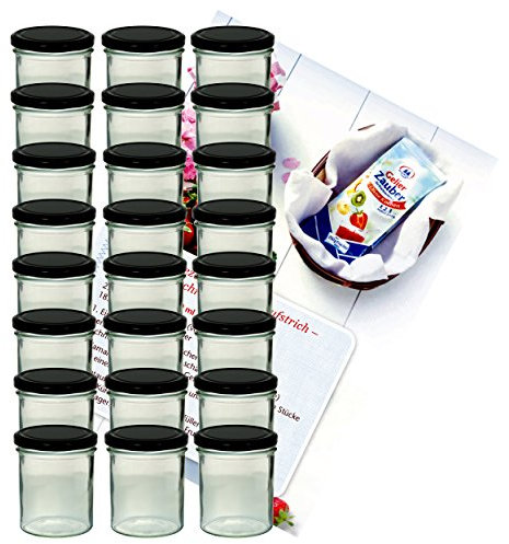 MamboCat 24er Set Sturzglas 350 ml Marmeladenglas Einmachglas Einweckglas to 82 schwarzer Deckel incl. Diamant-Zucker Gelierzauber Rezeptheft