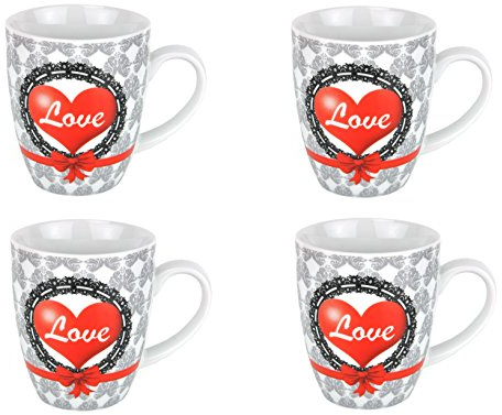 Van Well Lot de 4 tasses à café en forme de cœur, 350 ml, motif cœur et éléments baroques, idée cadeau, noir/gris/rouge