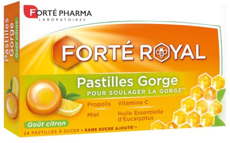 Forté Pharma - Pastilles Gorge Forté Royal - Irritation gorge - Propolis, Huile essentielle Eucalyptus, Miel, Vitamine C - Sans sucre ajouté, à laisser fondre, goût Citron - 24 pastilles, 1 à 3/jour