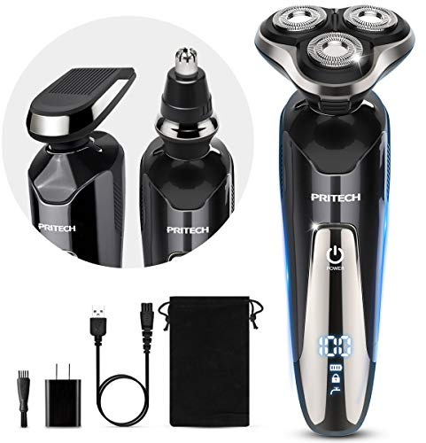 PRITECH Rasoir électrique pour hommes 3 EN 1 Rasoir électrique avec tondeuse de précision Tondeuse à barbe PRITECH IPX7 Rasoir rotatif sur peau humide et sèche Rasoir pour le visage Sans fil
