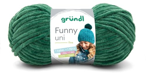 Gründl Laine Funny uni – laine chenille douce pour crocheter – douillette et douce pour la peau – 100% polyester – 1 pelote 100 g / 120 m – taille d’aiguille 5 – 6 – vert foncé