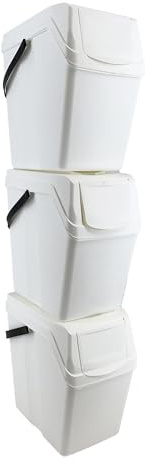 PROSPERPLAST Set of 3 Trash/Recycling Bins with 75-Litre Total Capacity, White with Handles