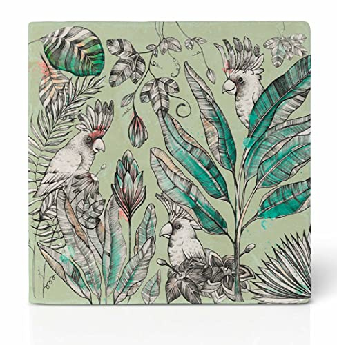 Ligarti Natursteinfliese (100% Marmor) Als hochwertiger Untersetzer für Getränke, Töpfe oder als Wandbild | Design Fliese mit Vlies in 10x10cm | »Kakadus« | Vögel im Dschungel