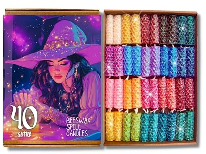 Phoenix Candle Company 40-pack med 5 tum glitter och gnistrande bivaxljus | blandade färger | oparfymerad | Wiccan Rede | färgdiagram | handrullade | brinntid 35 minuter
