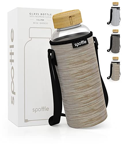 spottle Glasflasche 1,5 liter - Trinkflasche Glas 1,5 L mit Deckel - Glass bottle - Wasserflasche - Glastrinkflasche für Kohlensäure geeignet - spülmaschinenfest (Beige meliert, 1500 ml)