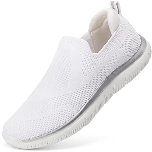 HKR Damen Sneaker Atmungsaktiv Turnschuhe Sportschuhe Leichte Walkingschuhe Halbschuhe Gesundheitsschuhe Slip on Schuhe Sommer Weiss 40 EU