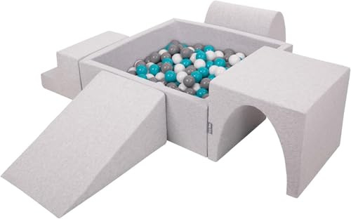 KiddyMoon Spielplatz Aus Schaumstoff Mit Quadrat Bällebad (200 Bälle) Ballgruben Für Babys Spielbad Hindernisläufen, Hergestellt In Der EU, Hellgrau:Grau/Weiß/Türkis