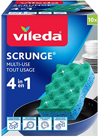 Vileda Scrunge Multi-Use Non-Scratch Scrub Sponge (Pack of 10) | Rinses Clean, Stays Fresh | Durable & Long-Lasting | Dishwasher Safe