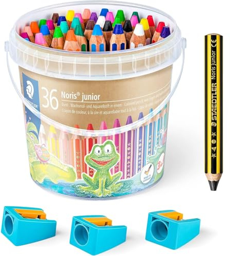 STAEDTLER 3in1 Buntstifte und Kinder Bleistift Noris junior, Bunt- Wachsmal- und Aquarellstift, sehr dicke Mine, extra bruchsicher, ideal für Kinder, 36 Stifte, 3 Spitzer und Bleistift, 140 C36P1X