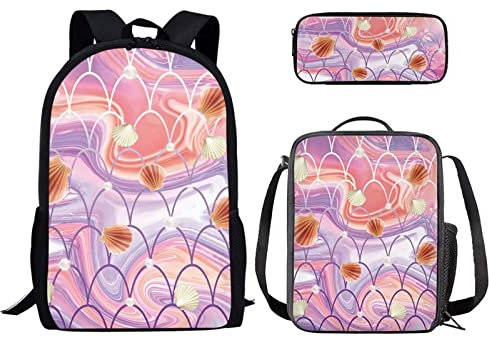 Binienty Rucksack für Jungen und Mädchen, modisches Büchertaschen-Set mit Lunchtasche und Federmäppchen für Grundschul, Kindertaschen, Reise-Rucksack, Mermaid Scale-6, Einheitsgröße