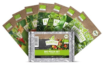 FLORTUS Pizza Set BIO 7 Sorten Kräuter- & Gemüsesamen | BIO Saatgut zur Anzucht von Pizzazutaten | für Kräuterbeet & Gemüsegarten | Tomaten, Basilikum, Oregano, Paprika, Majoran, Rosmarin, Peperoni