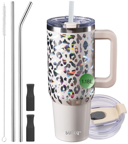 SUNTQ Tazza da 40oz con Manico, Bottiglia d'Acqua con Doppia Parete e Isolamento a Vuoto con Cannuccia e Coperchio, Tazza da Caffè da Viaggio in Acciaio Inox, Tazza Termica Riutilizzabile per Bevande