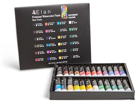 Elan Set Acquerelli Professionali, 24 Acquerelli in Tubetto da 12ml, Set Colori per Dipingere, Watercolor Set, Kit Colori Acquerello Professionali
