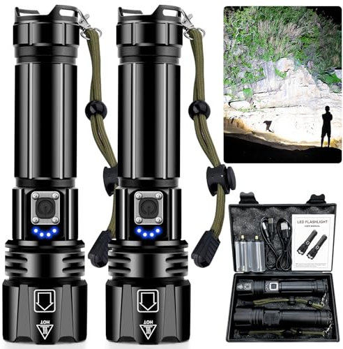 ANKRA High Lumen Rechargeable LED Flashlight, 900000 XHP70.2, 10 Modes Zoomable,Waterproof,USB Output Power Bank,Tactical Flashlight for Camping,Hiking,Emergencies (2-Pack)