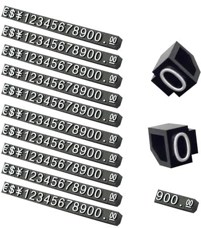 SWYSGS 10 Pièces Étiquette de Prix Numéro Lettre Prix Cube Affichage, Numéro Réglable Lettre Prix Étiquette Support Bloc Kit pour Comptoir de Magasin Bijoux Montre (Blanc Sur Noir)