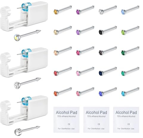 WillTen Nose Piercing Kit mit Nasenringen, 3 Pack selbst Nase Piercing Pistole, Einweg Sicherheit Nose Piercing Kit mit 20G Nasenringe Stud Multicolor CZ Nose Piercings Gun Kit Tool