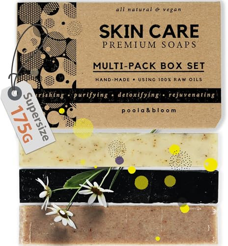 Poola & Bloom Coffret Savon Savons Artisanaux Ensemble de Soins Naturels pour Peau Éclatante et Hydratée Inclut Charbon Actif et Boue de la Mer Morte 4 X 120g