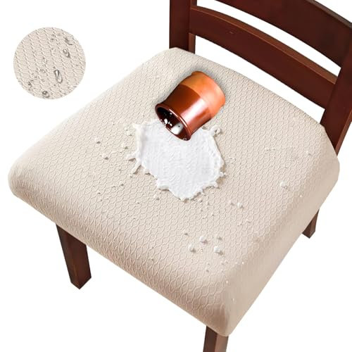 Hopelit Esszimmerstühle Stuhlhussen 4er Set, Jacquard Esszimmerstuhl Sitzbezüge, TPU Folie Stuhlbezug Wasserdicht, Abnehmbare Waschbar Stretch für Küche, Restaurant, Party - Kariert Beige