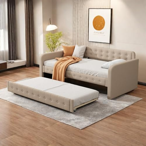 Sapgaks Schlafsofa 90x200cm,Sofa Bed, Bett,tagesbett ausziehbar,mit ausziehbares rollbett,großer Stauraum,Dunkelbeige,Ohne Matratze