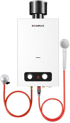 Gas Water Heater 10 litres with 108mm Rain Cap, CAMPLUX BD264C Outdoor Water Heater, Propane/Butane Water Heater for RV/Camping/Garden/Mobile Homes/Tiny Houses