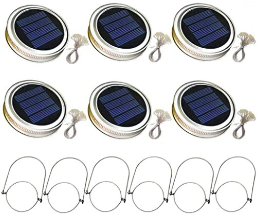 Porgeel Solar Mason Jar Lid Light 6PCS with 2m String Lights Handle 20 LEDs Hanging Lantern Lamp for Garden Decoration Warm Light Solar Fence Lights