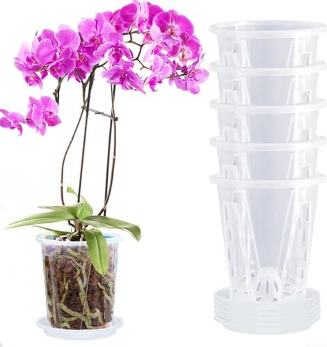 Paquete de 5 macetas de orquídeas con platillos de plástico transparente para trasplantar, maceta de orquídea ranurada transpirable para interiores y exteriores con agujero de drenaje, transparente