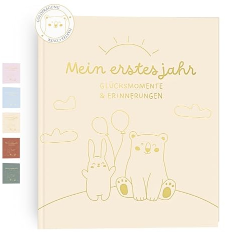 HuBorns - Babyalbum Erstes Jahr bis 5 zum Einkleben von Fotos und Beschriften, Fotoalbum Kinder mit +50 Seiten und Stickern, Originelles Erinnerungsbuch Baby, Fotoalbum Baby (Beige, Deutsch)