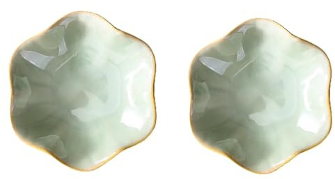 CRCRC 2er-Set Vorspeisenteller mit Blumenmuster aus Keramik, dekorative Snackschalen mit Goldrand, kleine Servierschale in Blütenblattform for Desserts, Beilagen, Saucen oder Gewürze(Green)