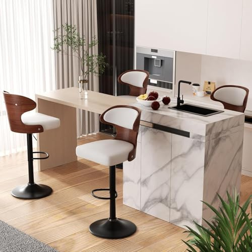 Hawthyhome Barhocker 4er Set mit Nussbaumholz Barstuhl Weiß | 360° Drehstuhl, Rückenlehne, Fußstütze, Nussbaumholz, Kücheninsel, Bistrohocker, Hausbar, Esszimmer