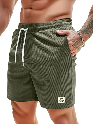 CheChury Men Summer Shorts Cotton Elastic Waist Beach Shorts with Pockets Drawstring Casual Corduroy Bottoms Fitness Running Hiking,Green,L