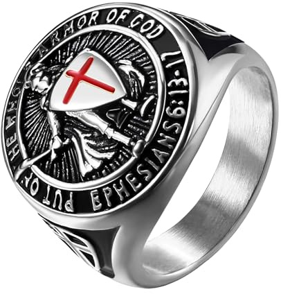 Flonge Men's Saints Michael Ring: Punk Knights Templar Cross Armor Shield Ring Biker Stainless Steel Signet Ring Catholic Medal Amulet Jewelry Gift Silver #11