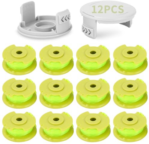 12 Pack Bobine Fil Coupe Bordure remplacements pour Ryobi One+,Ø2mm & 3.4m bobine,ligne de bobine coupe AC80RL3/AC14HCA remplacement et capuchon de protection(12 Bobine Fil Coupe Bordure,2 Couvercle)