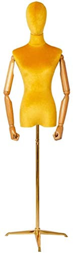 SHANYAYALI Weibliche Schaufensterpuppe, Torso-Körperkleid, Form mit Kopf, Holzarmen und goldenem Stativständer für Kleidung, Schmuck-Display (Goldgelb)