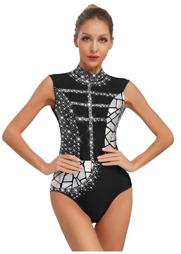 Oyolan Gymnastikdräkt dam ärmlös metallisk strass bodysuit gym balettdans jumpsuit, svart, M