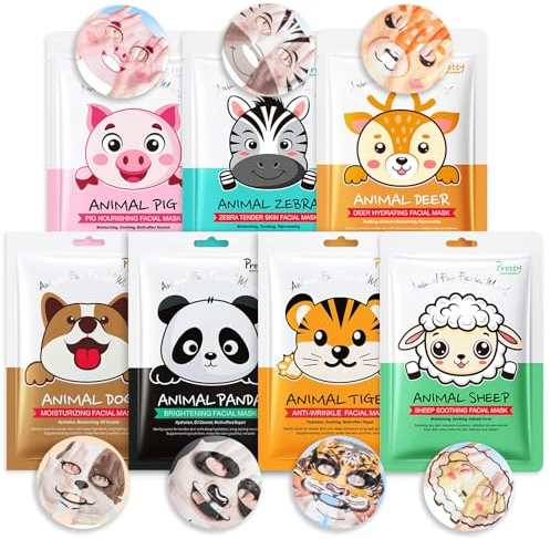 Shefave Tuchmasken Gesicht Maske mit Tiermotiv, 7PCS Straffende Gesichtsmasken Set für Teenager, Beruhigend Face Mask, Niedliches Adventskalender Gesichtsmasken, Korean Skincare Party