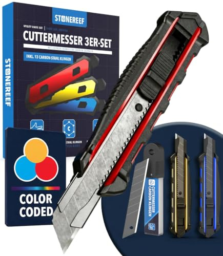 Cuttermesser Set 3er 18 mm + 10 Ersatzklingen - Cutter Tapetenmesser | 3 Cuttermesser in Rot, Gelb und Blau - eines für jeden Arbeitsplatz