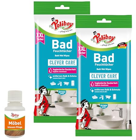 POLIBOY XXL Bad Feuchttücher - Feuchte Reinigungstücher als praktischer Badreiniger - 2x 24 Tücher - Mit Produktprobe - Made in Germany