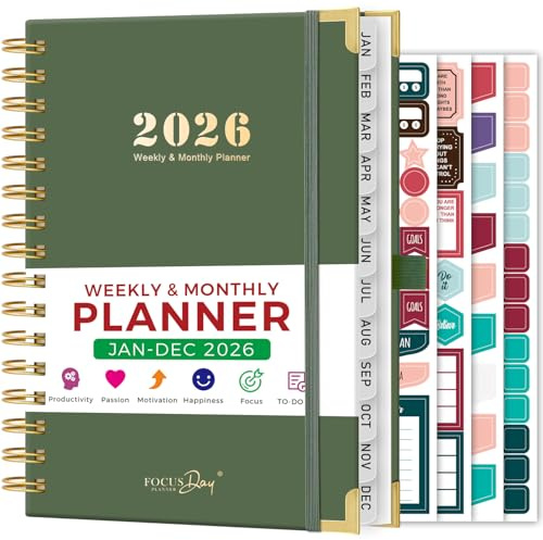 Diary 2026, 2026 Diary A5 Week to View, Jan.2026 - Dec.2026, Weekly & Monthly Planner 2026 With Ruler, Monthly Tabs, 4 Planning Stickers, Spiral Bound Appointment Book for Work Study, 14.5 X 21cm