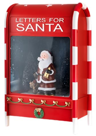 MA MAISON Cassetta Postale Natalizia Rossa e Bianca - con Babbo Natale, Luci LED, Musica, Neve, Cavo USB, a Batteria, Decorazione, Scritta, Letterine, Metallo - con Paesaggio