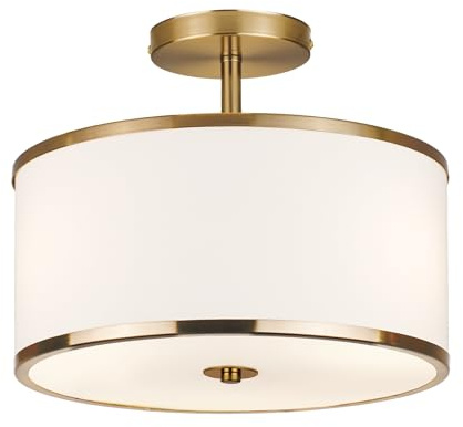 CALOKES Moderne Ø32cm Runde Stoff Deckenlampe mit 3 E27 Fassungen, Weiße Deckenleuchte für Wohnzimmer Schlafzimmer Küche Flur, Runde Deckenlampen aus Metall mit Messing Finish, Ceiling Leuchte