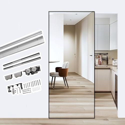 Kit Puerta Corredera Kit de Herrajes para Puerta Corrediza con Espejo Fantasma Sin Rieles, Riel de Aluminio para Puerta Corrediza con Cierre Suave, Sistema de Puerta Invisible(31.5in(80cm))