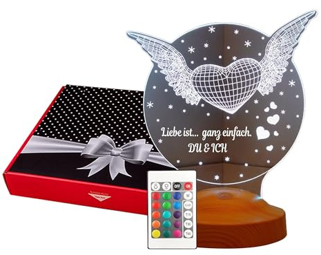 Sentidos Herz mit Flügeln 3D LED Nachtlicht- Romantisches Valentinstag und Jahrestag Geschenk für Sie und Ihn, Freundin, Freund, Ehefrau oder Ehemann, Pärchen Deko mit Fernbedienung, Energieklasse A