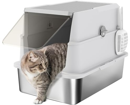 PawHut Bac à Litière Fermé XL pour Grand Chat 60,2x40,2x43,3 cm Gris Clair | en Acier Inoxydable, Maison de Toilette, Nettoyage Facile, avec Couvercle et Pelle